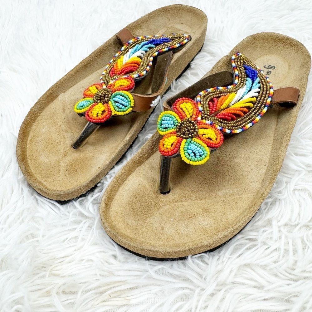 Beaded Flower Thong Sandals - Multicolor